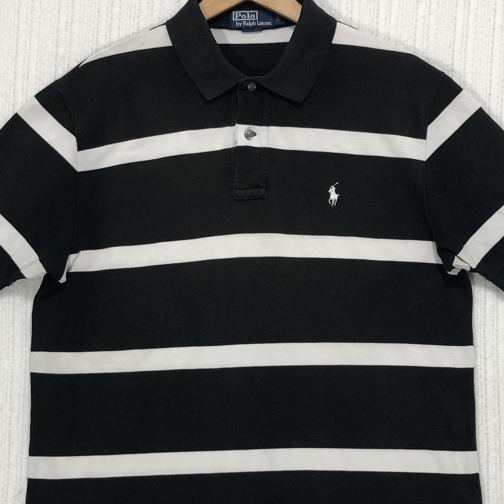 Polo Ralph Lauren Mens Large Black White Striped Short Sleeve Pique Polo Shirt